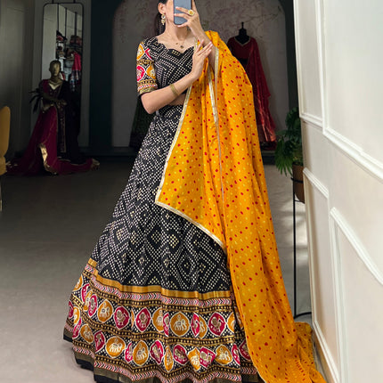 Lorenvalley Black Tussar Silk Bandhej and Patola Print with Foil Work Lehenga Choli with Dupatta