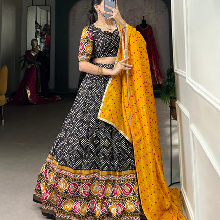 Lorenvalley Black Tussar Silk Bandhej and Patola Print with Foil Work Lehenga Choli with Dupatta