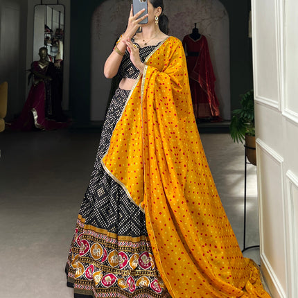 Lorenvalley Black Tussar Silk Bandhej and Patola Print with Foil Work Lehenga Choli with Dupatta