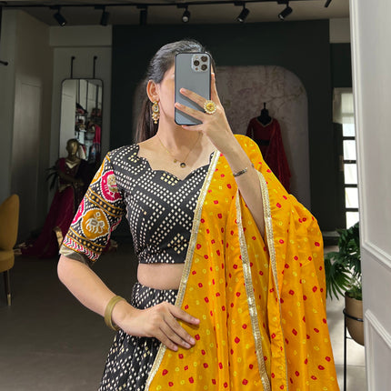 Lorenvalley Black Tussar Silk Bandhej and Patola Print with Foil Work Lehenga Choli with Dupatta