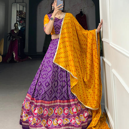 Lorenvalley Purple Tussar Silk Bandhej and Patola Print with Foil Work Lehenga Choli with Dupatta