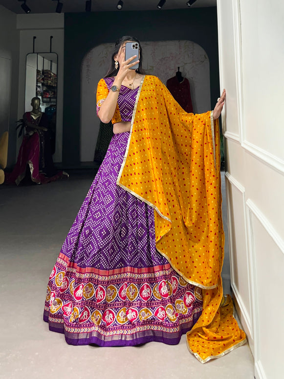 Lorenvalley Purple Tussar Silk Bandhej and Patola Print with Foil Work Lehenga Choli with Dupatta