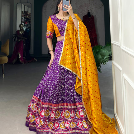 Lorenvalley Purple Tussar Silk Bandhej and Patola Print with Foil Work Lehenga Choli with Dupatta
