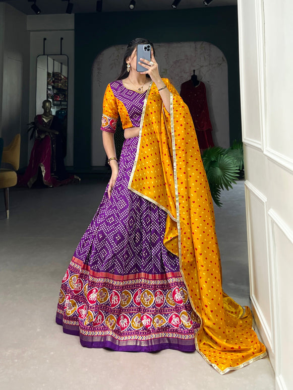 Lorenvalley Purple Tussar Silk Bandhej and Patola Print with Foil Work Lehenga Choli with Dupatta