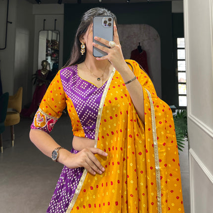 Lorenvalley Purple Tussar Silk Bandhej and Patola Print with Foil Work Lehenga Choli with Dupatta