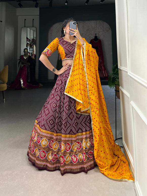 Lorenvalley Wine Tussar Silk Bandhej and Patola Print with Foil Work Lehenga Choli with Dupatta