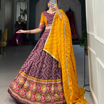 Lorenvalley Wine Tussar Silk Bandhej and Patola Print with Foil Work Lehenga Choli with Dupatta