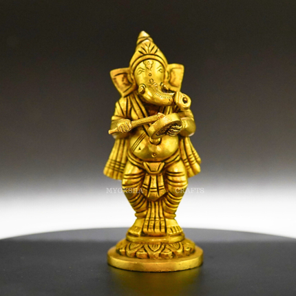 Ganesha Playing Gong Bell Brass Idol - Embrace Prosperity and Joy in Your Home