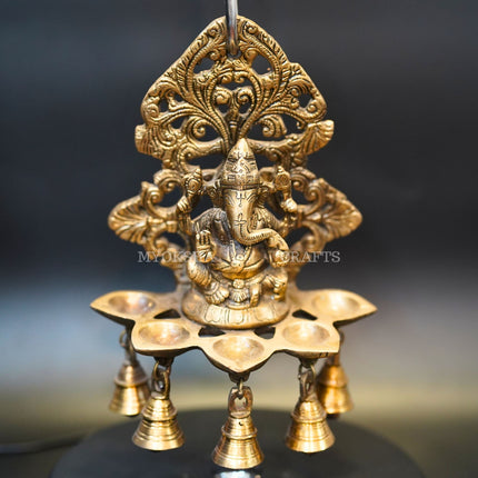 Brass Ganesha Wall Diya: Five Oil Wick