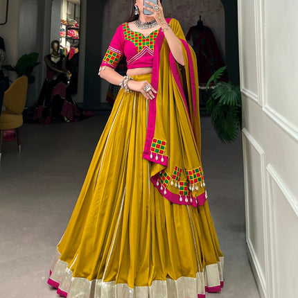 Lorenvalley Fashion Mustard Pure Rayon Plain And Lace Border With Gotta Patti Touch Up Lehenga Choli with Dupatta