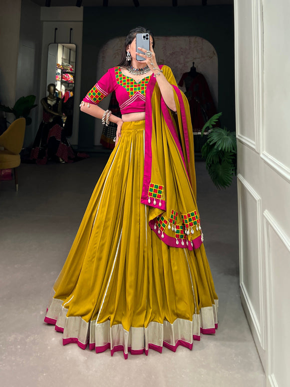 Lorenvalley Fashion Mustard Pure Rayon Plain And Lace Border With Gotta Patti Touch Up Lehenga Choli with Dupatta