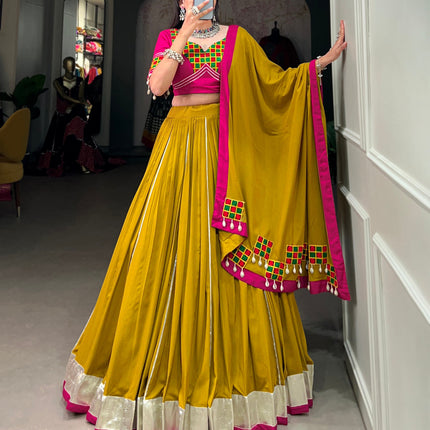 Lorenvalley Fashion Mustard Pure Rayon Plain And Lace Border With Gotta Patti Touch Up Lehenga Choli with Dupatta