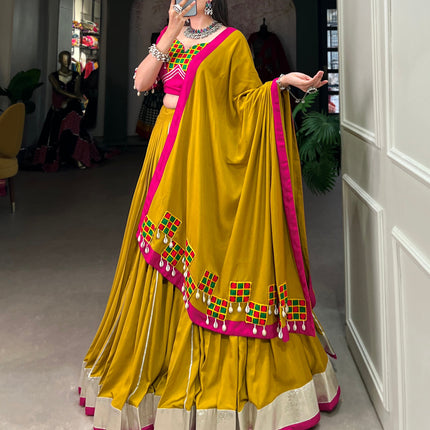 Lorenvalley Fashion Mustard Pure Rayon Plain And Lace Border With Gotta Patti Touch Up Lehenga Choli with Dupatta