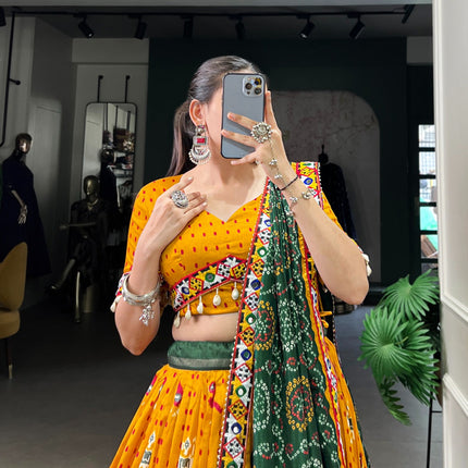 Lorenvalley Mustard Tussar Silk Patola Print with Gamthi Work Lace and Foil Work Lehenga Choli with Dupatta