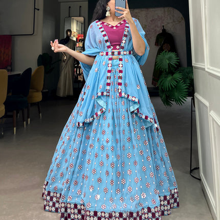 Lorenvalley Sky Blue Georgette Sequins and embroidery With Mirror Work Lehenga Choli with Dupatta