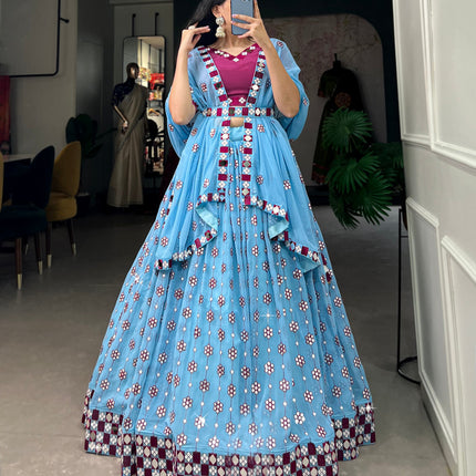 Lorenvalley Sky Blue Georgette Sequins and embroidery With Mirror Work Lehenga Choli with Dupatta