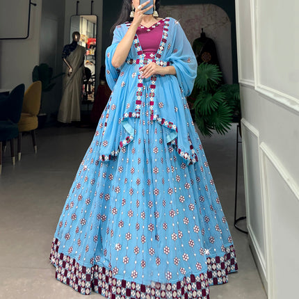 Lorenvalley Sky Blue Georgette Sequins and embroidery With Mirror Work Lehenga Choli with Dupatta