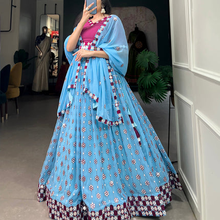 Lorenvalley Sky Blue Georgette Sequins and embroidery With Mirror Work Lehenga Choli with Dupatta
