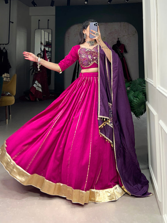 Lorenvalley Pink Chanderi Plain With Zari Line Gota Patti And Embossed Design Lace Touch Up Lehenga Choli with Dupatta