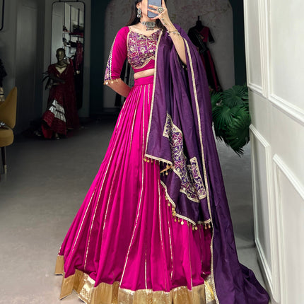 Lorenvalley Pink Chanderi Plain With Zari Line Gota Patti And Embossed Design Lace Touch Up Lehenga Choli with Dupatta