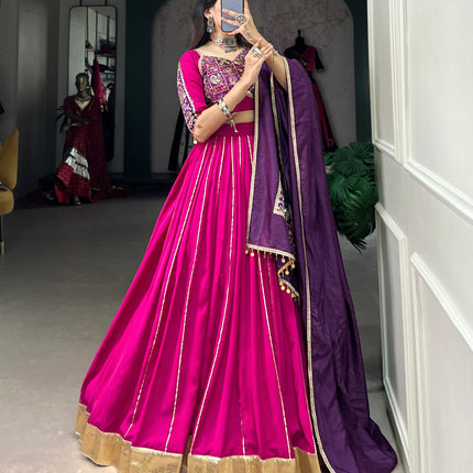 Lorenvalley Pink Chanderi Plain With Zari Line Gota Patti And Embossed Design Lace Touch Up Lehenga Choli with Dupatta