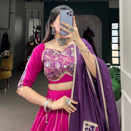 Lorenvalley Pink Chanderi Plain With Zari Line Gota Patti And Embossed Design Lace Touch Up Lehenga Choli with Dupatta
