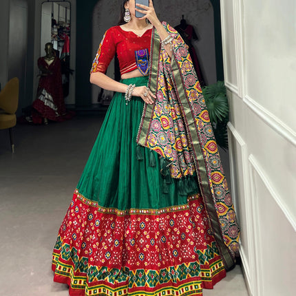 Lorenvalley Green Dola Silk Printed With Foil Work And Original Mirror Gamthi Lace Touch Up Lehenga Choli with Dupatta