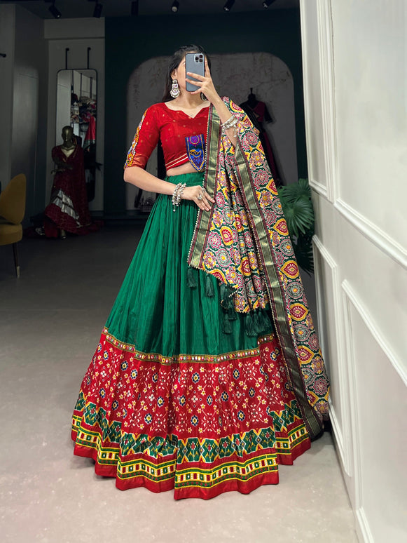 Lorenvalley Green Dola Silk Printed With Foil Work And Original Mirror Gamthi Lace Touch Up Lehenga Choli with Dupatta