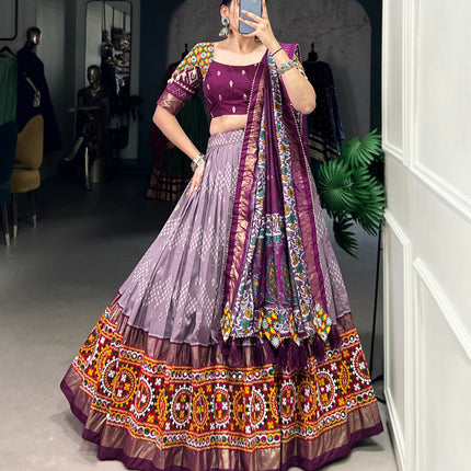 Lorenvalley Wine Tussar Silk Dot and Ikkat Print with Mirror Gamthi Work and Foil Work Lehenga Choli with Dupatta