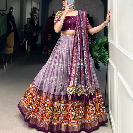 Lorenvalley Wine Tussar Silk Dot and Ikkat Print with Mirror Gamthi Work and Foil Work Lehenga Choli with Dupatta
