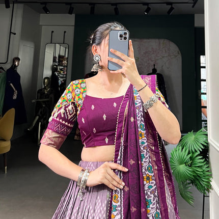 Lorenvalley Wine Tussar Silk Dot and Ikkat Print with Mirror Gamthi Work and Foil Work Lehenga Choli with Dupatta