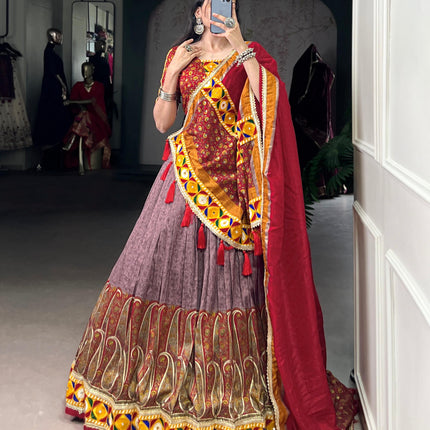 Lorenvalley Fashion Tasar Silk Kashmiri Print With Foil Print And Original Mirror Gamthi work Lehenga Choli with Dupatta