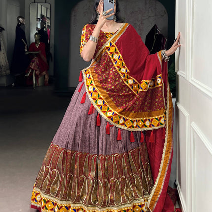 Lorenvalley Fashion Tasar Silk Kashmiri Print With Foil Print And Original Mirror Gamthi work Lehenga Choli with Dupatta