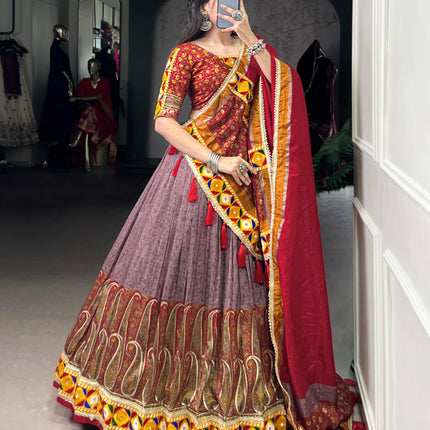 Lorenvalley Fashion Tasar Silk Kashmiri Print With Foil Print And Original Mirror Gamthi work Lehenga Choli with Dupatta