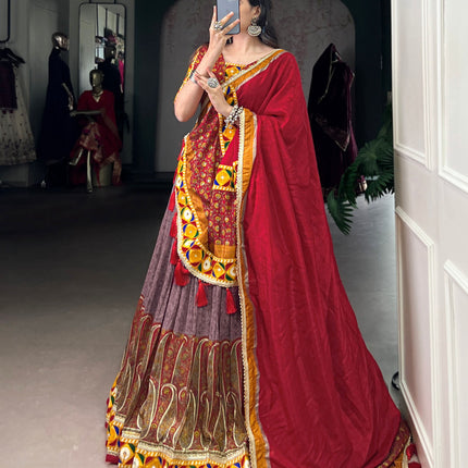 Lorenvalley Fashion Tasar Silk Kashmiri Print With Foil Print And Original Mirror Gamthi work Lehenga Choli with Dupatta