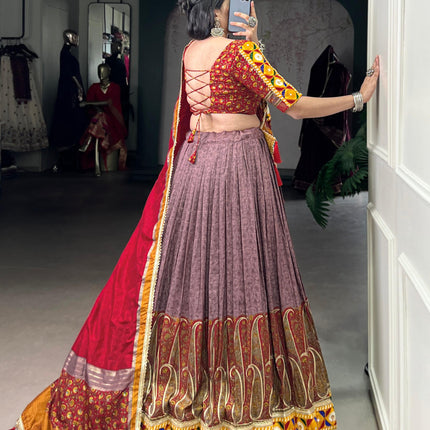 Lorenvalley Fashion Tasar Silk Kashmiri Print With Foil Print And Original Mirror Gamthi work Lehenga Choli with Dupatta