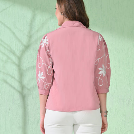 Myshka Women's Causal Shirt Style Embroidered Top Pink Color
