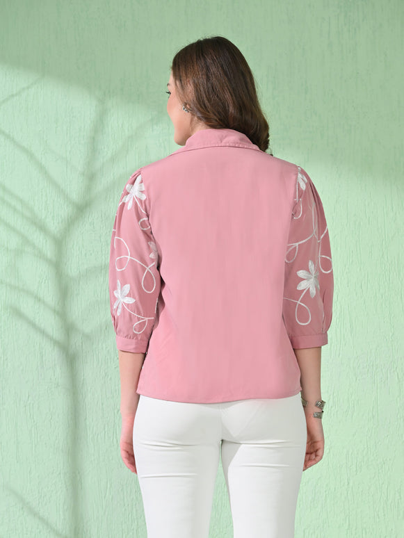 Myshka Women's Causal Shirt Style Embroidered Top Pink Color
