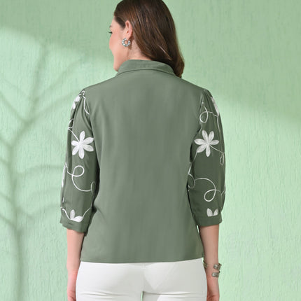 Myshka Women's Causal Printed Shirt Style Embroidered Top Olive Color