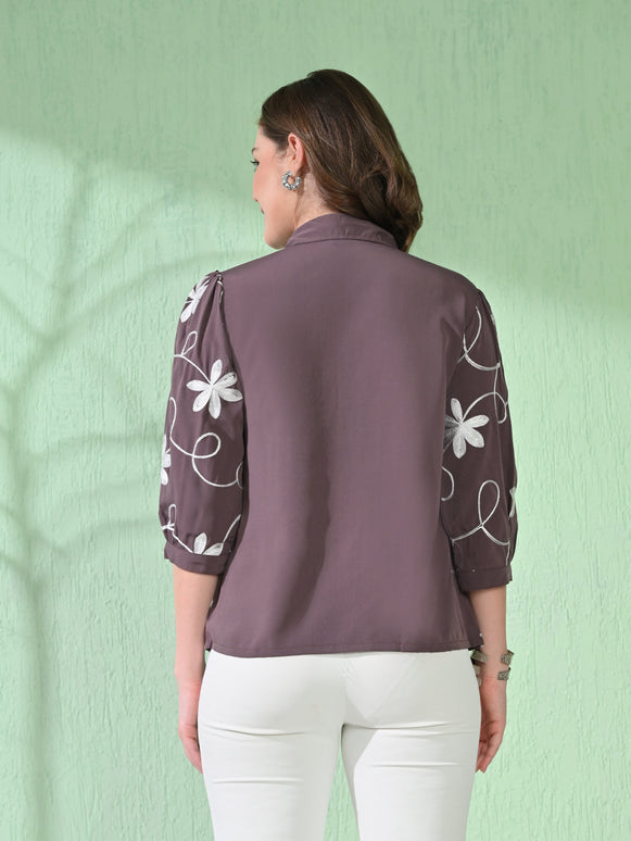 Myshka Women's Causal Printed Shirt Style Embroidered Top Brown Color