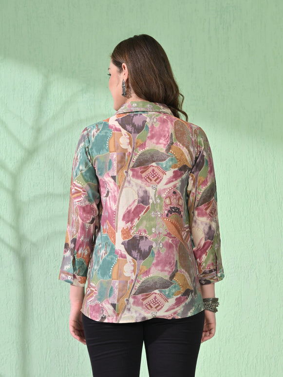 Myshka Women's Causal Printed Shirt Style Embroidered Top Multi Color