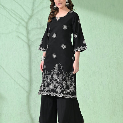 Myshka Women's Embroidered Calf Length Black Kurta With Palazzo