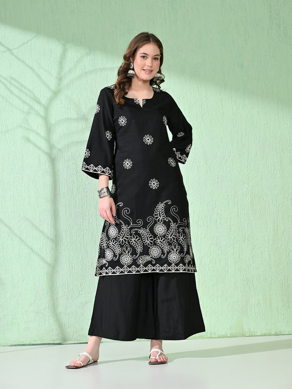 Myshka Women's Embroidered Calf Length Black Kurta With Palazzo