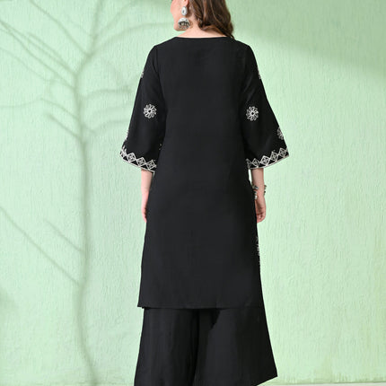 Myshka Women's Embroidered Calf Length Black Kurta With Palazzo