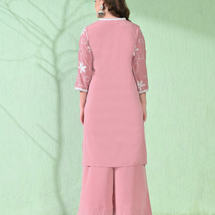 Myshka Women's Embroidered Calf Length Pink Kurta With Palazzo