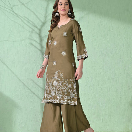 Myshka Women's Embroidered Calf Length Olive Kurta With Palazzo