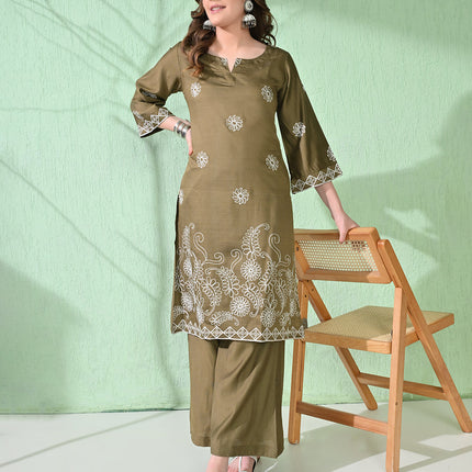 Myshka Women's Embroidered Calf Length Olive Kurta With Palazzo