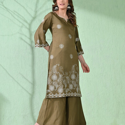 Myshka Women's Embroidered Calf Length Olive Kurta With Palazzo