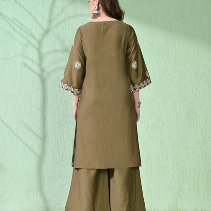 Myshka Women's Embroidered Calf Length Olive Kurta With Palazzo
