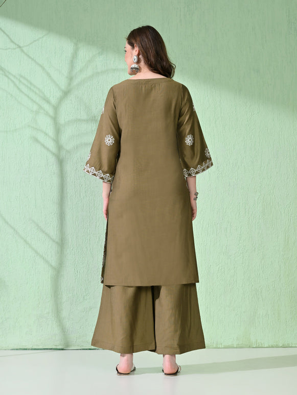 Myshka Women's Embroidered Calf Length Olive Kurta With Palazzo